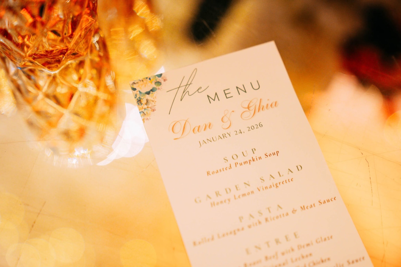 A real printed Casa de Corazon menu card showing soup, salad, pasta and entree courses